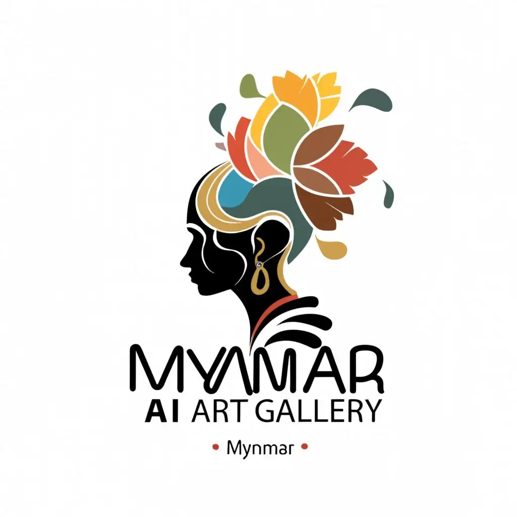 a logo design,with the text "MYANMAR AI ART GALLERY", main symbol:Abstract silhouette figure of Burmese woman face with chignon hair style with a white single flower, thanakha paste on cheeks, Asiatic face, scarf on shoulders, side shot on floral design circle background, vibrant colors,Moderate,be used in Technology industry,clear background