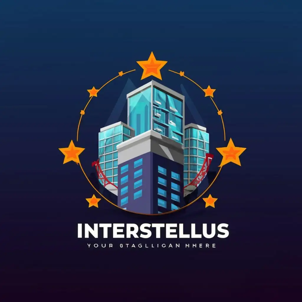 logo, logo, With a vibrant blue background with buildings and construction

works in it

A building between two Stars in 3D, with the text "Interstellus ", typography , with the text "Interstellus ", typography, be used in Construction industry with a tag line of we build the stars 