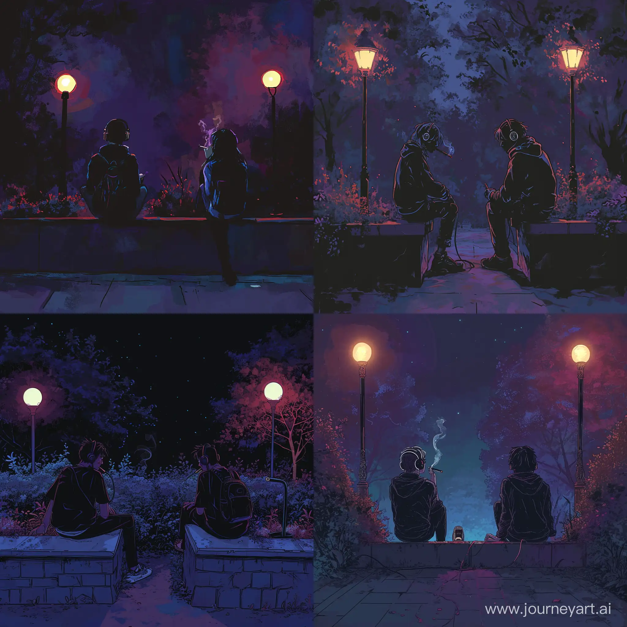 Two human figures, shaped by the shadows, sit on two low walls at night. They smoke, wear headphones, and enjoy the tranquility. There are two streetlights illuminating; everything else is dark. The scene is colored in shades of purple, blue, black, reddish, and nocturnal hues. The individuals are dressed casually, sitting with their backs turned.