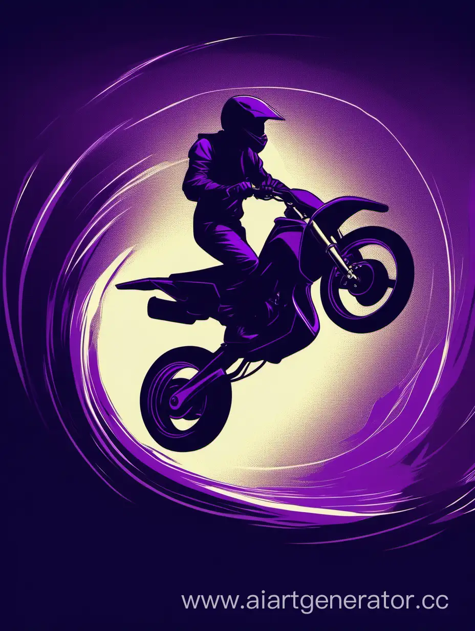 человек на мотоцикле выполняет трюк вилли, в темно фиолетовых тонах, с подсветкой, 2д картинка