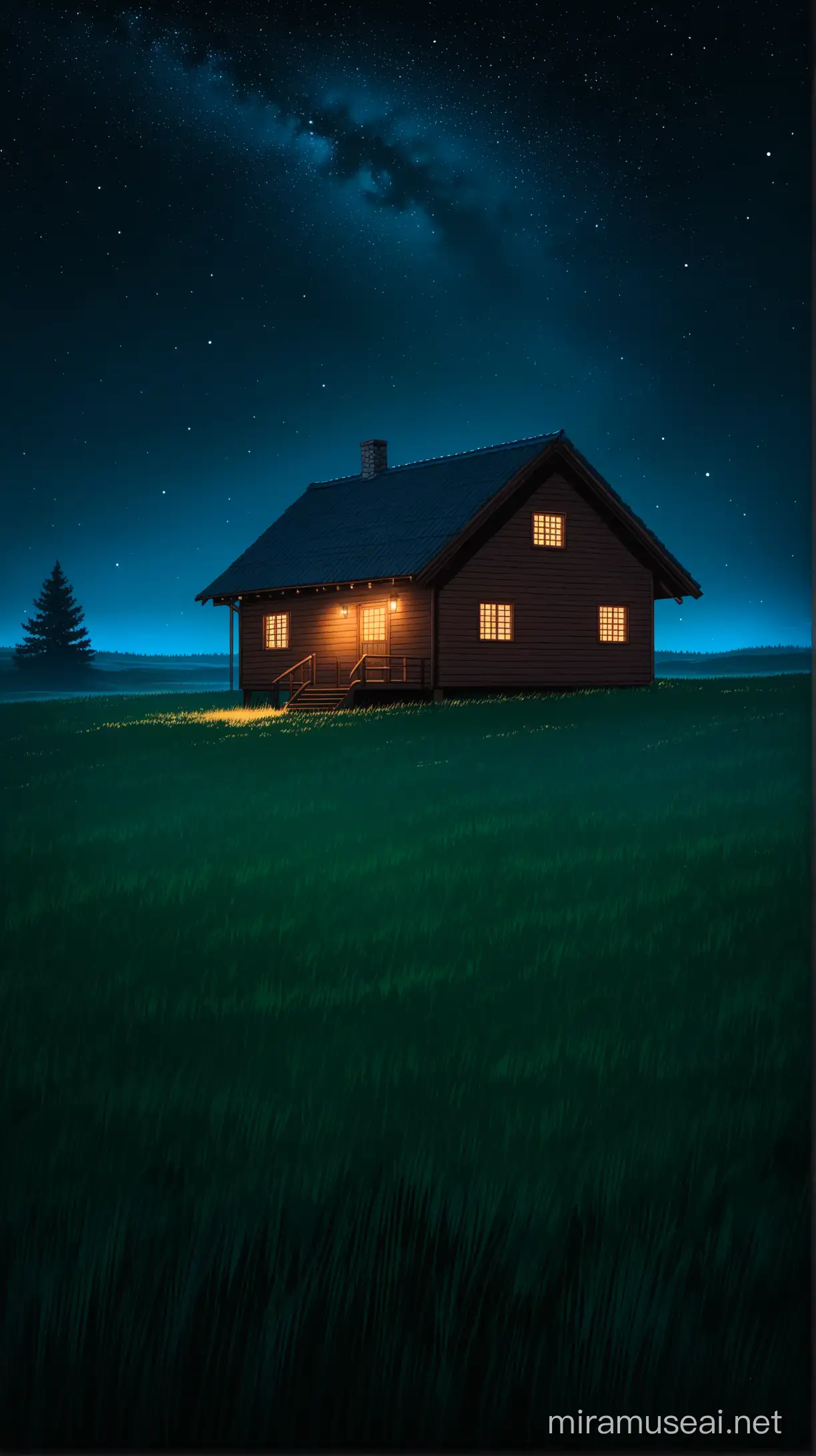 Isolated Wooden Cottage House in Dark Night Sky on Grassland