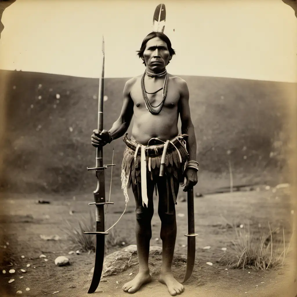 Historical Portrait Indigenous Warrior with Traditional Weapons