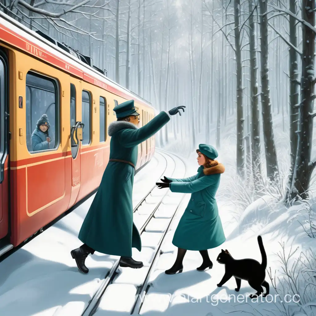 кот-проводник, выталкивает женщину из вагона поезда в зимний лес