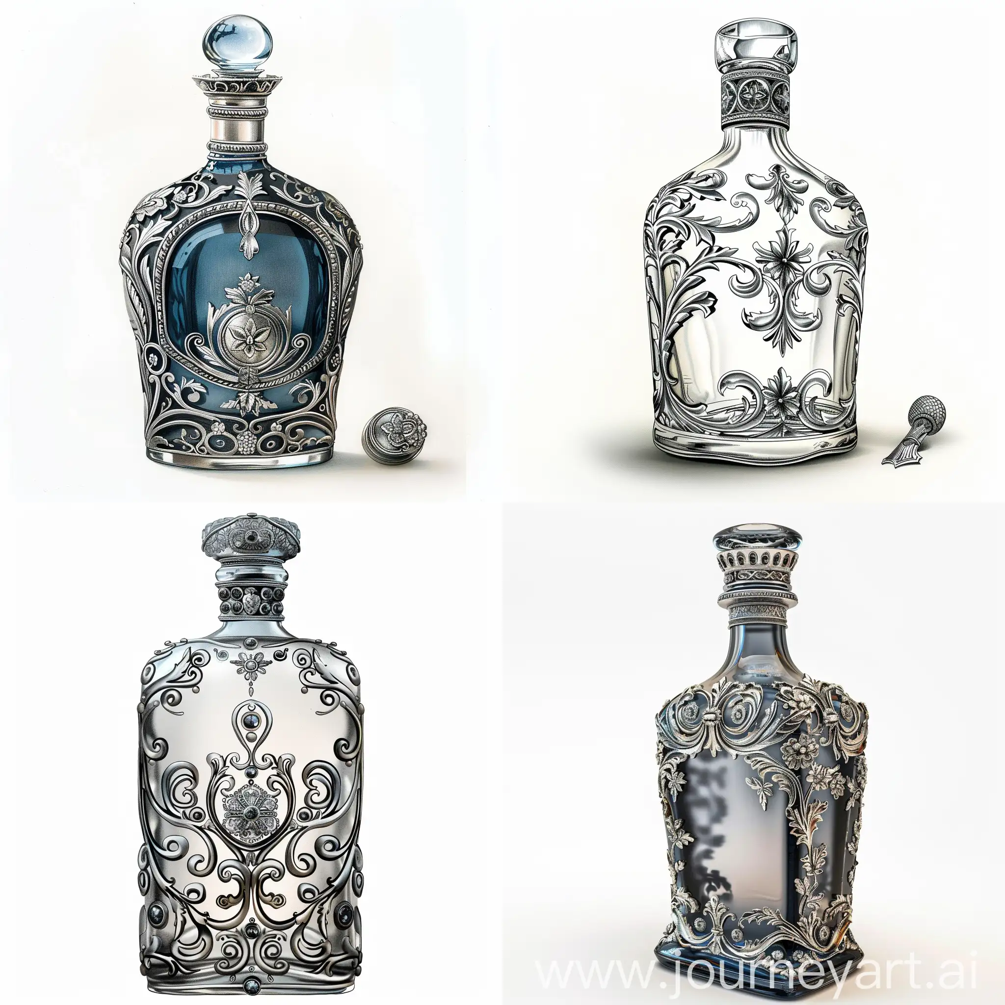 Vintage-Glass-Bottle-with-Silver-Decoration-on-White-Background