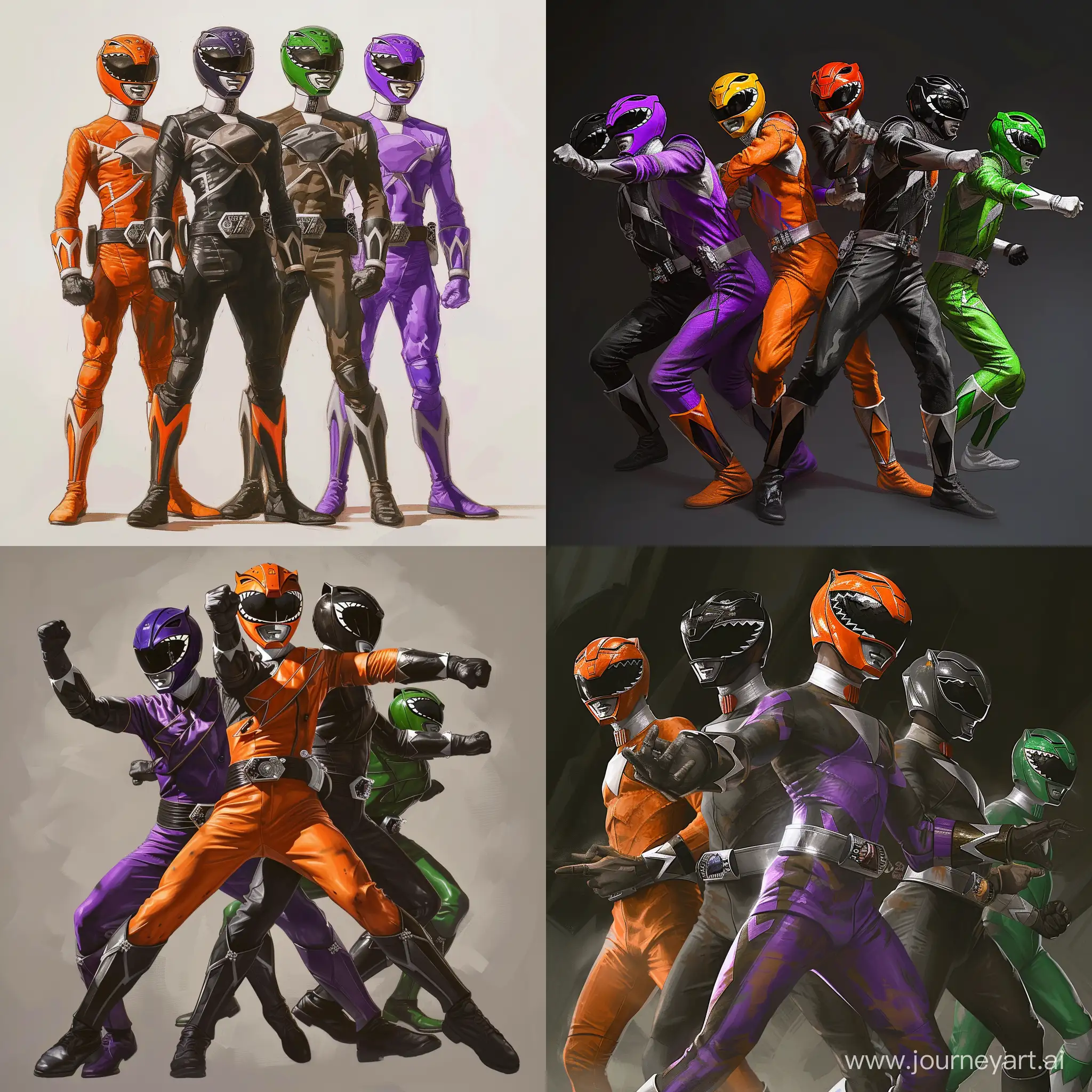 A realistic depiction of a group of 5 Power Rangers. Use the colors orange, purple, black, green, and grey for each ranger. full body. ultra realistic. fighting pose.