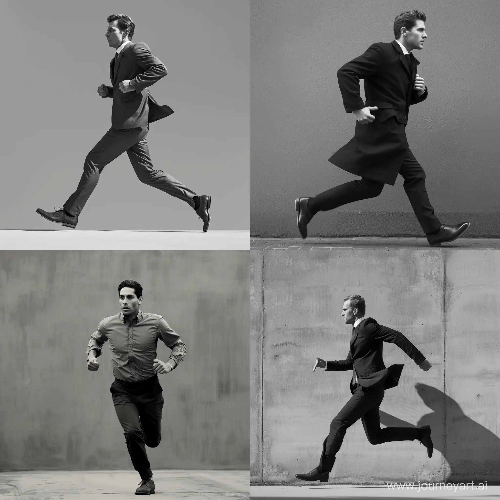 style man running late, in a hurry, stylish black and white photo, uniform grey background