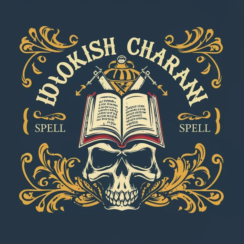 logo, Main symbol of your logo, a book and a skull etc., the Victorian era, with the text "Bookish Charm Spell", typography, be used in Internet industry