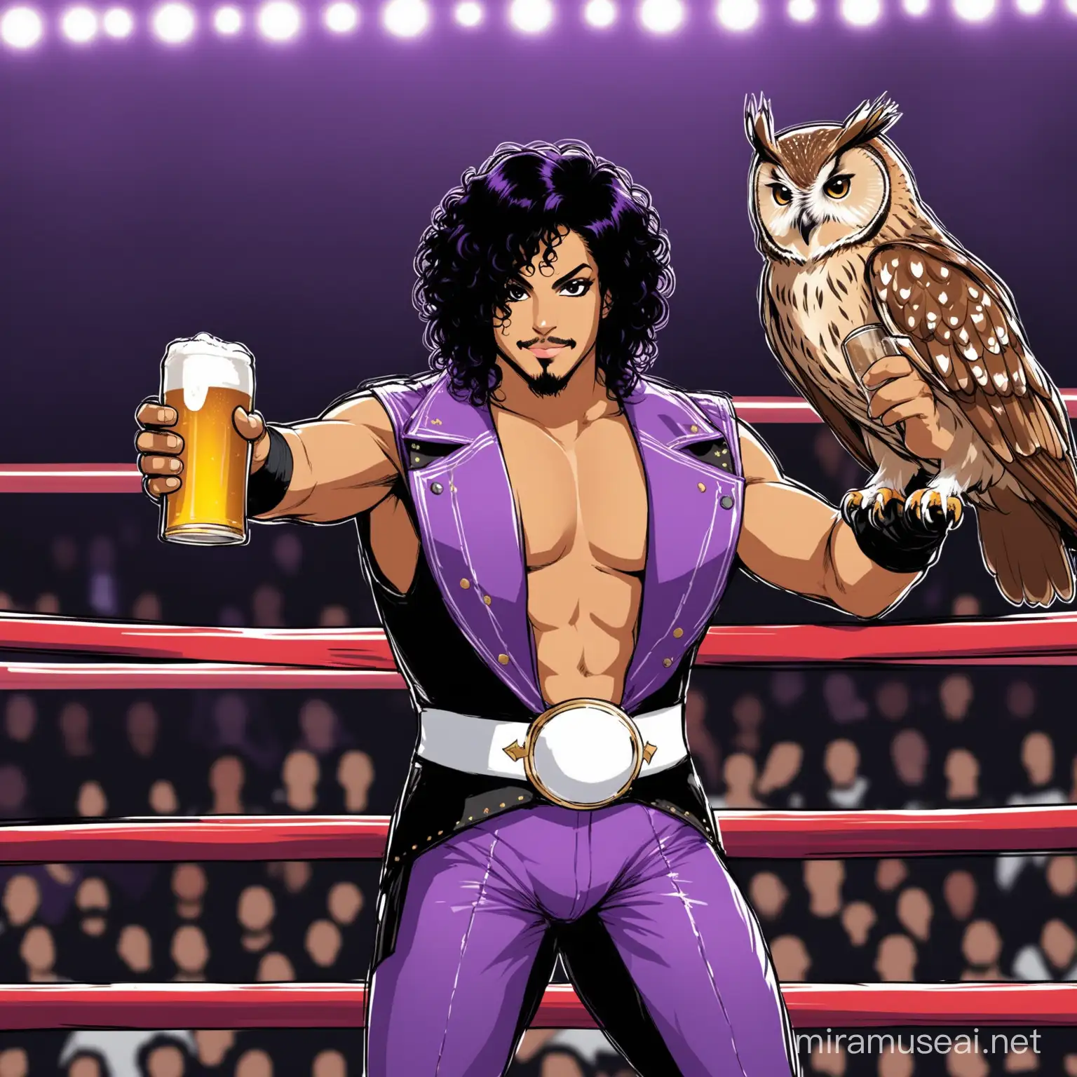 The artist formally known as Prince, with an owl, both drinking beers, in a wrestling ring