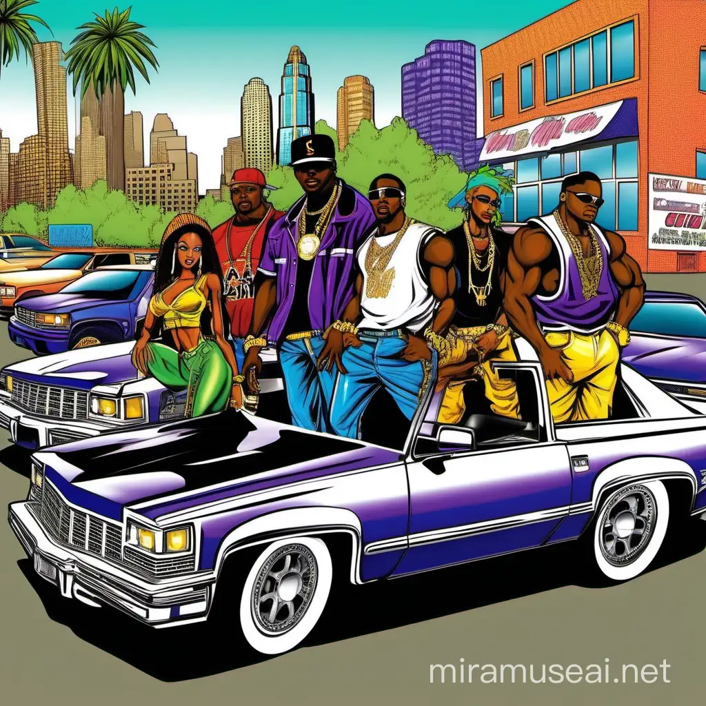  Men thugs wear Hip hop design flashy pimped out clothes while cruising through iconic state on west coast in bounced chopped slam cadillac cars and trucks showcasing the urban landscape in late 1990s and skyline. of the flashy thugs men interacting with groups of african american sexy fan girls,and local communities to promote unity and connection in 1998 cartoon model