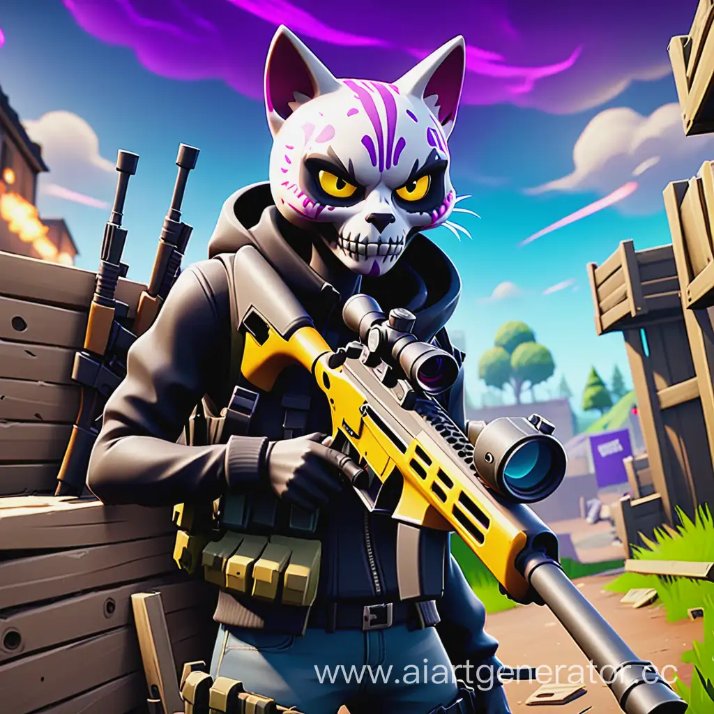 Meow Skulls из игры Fortnite со снайперской винтовкой в руках на баррикадах из игры Fortnite