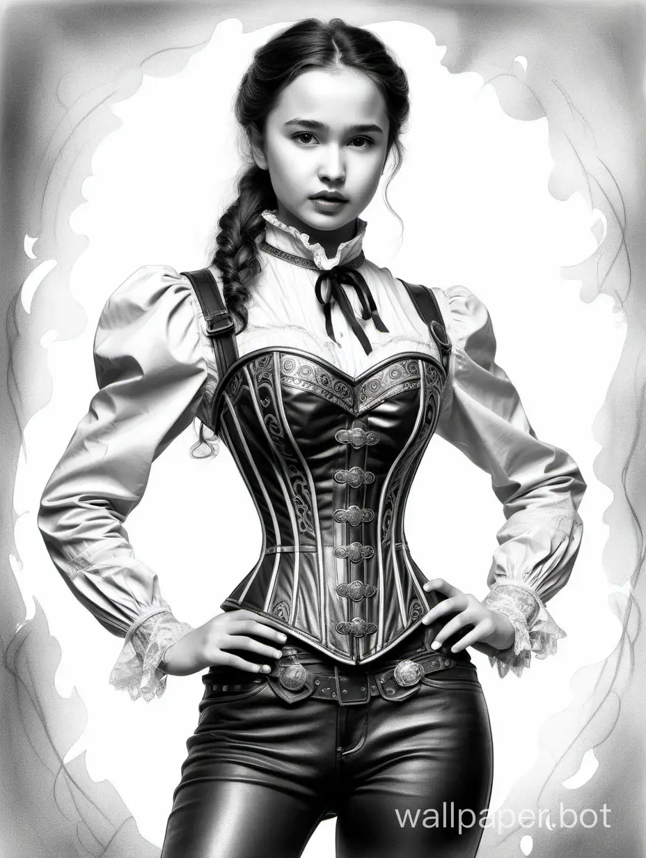 Alina Zagitova, a girl investigator, Leather corset with metal inserts, beautiful, chest size 4 with a narrow waist and large hips, black and white sketch, white background, Victorian style