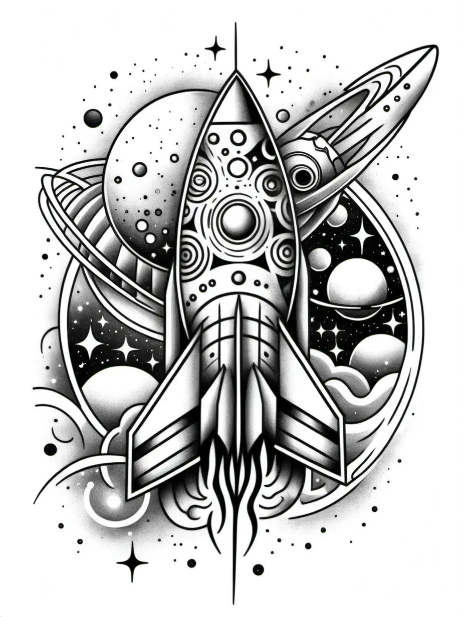 Contemporary Monochromatic Space Tattoo Design for Coloring Book