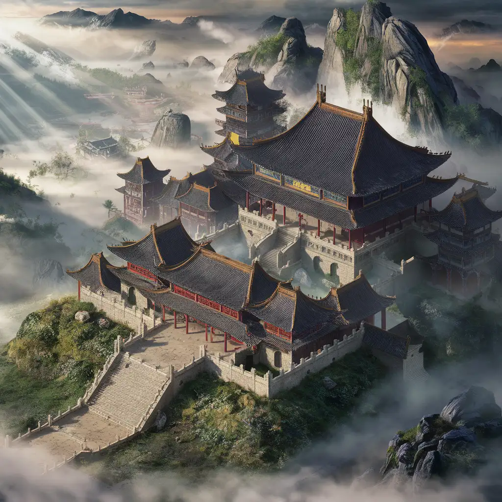 Sunlit-Oriental-Fantasy-MistShrouded-Chinese-Architecture-Amidst-Mountain-Scenery