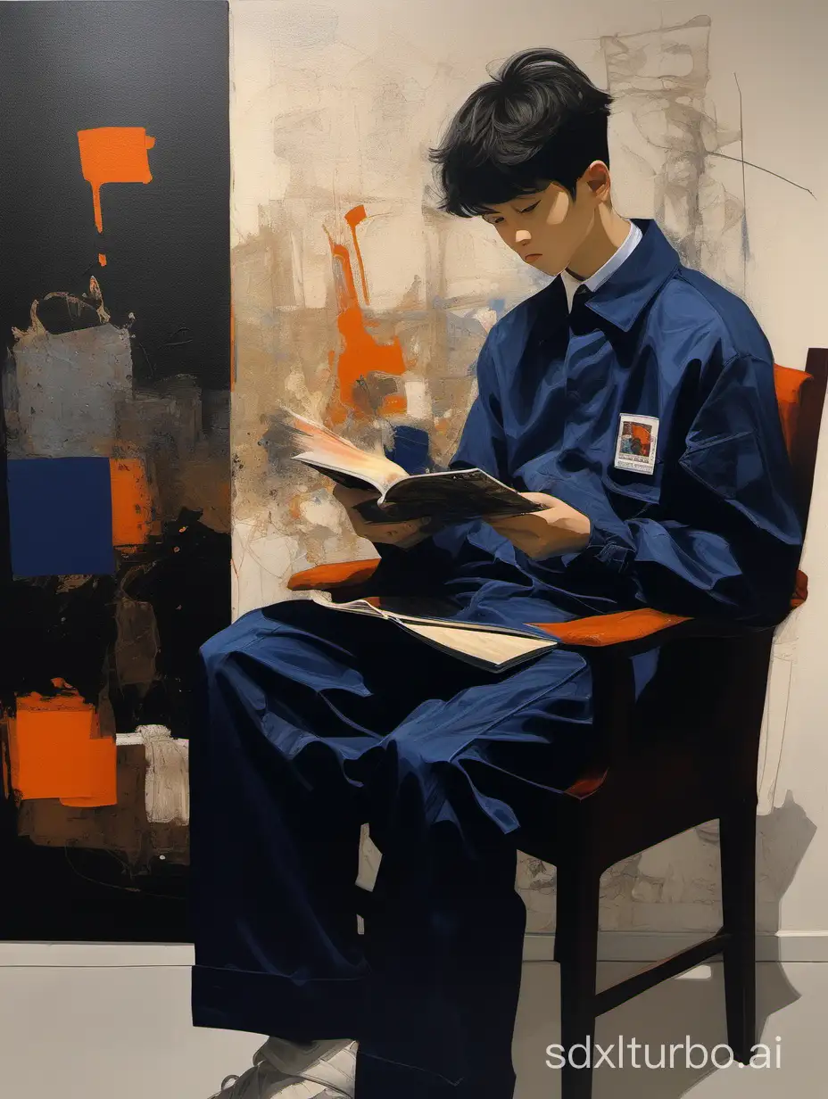 New fine brush, super fine painting, best texture, full of refinement, collage, minimalism, deconstruction, study, boys of different ages reading in the room, precise movements, cold color, dark blue, dark orange, uniform color