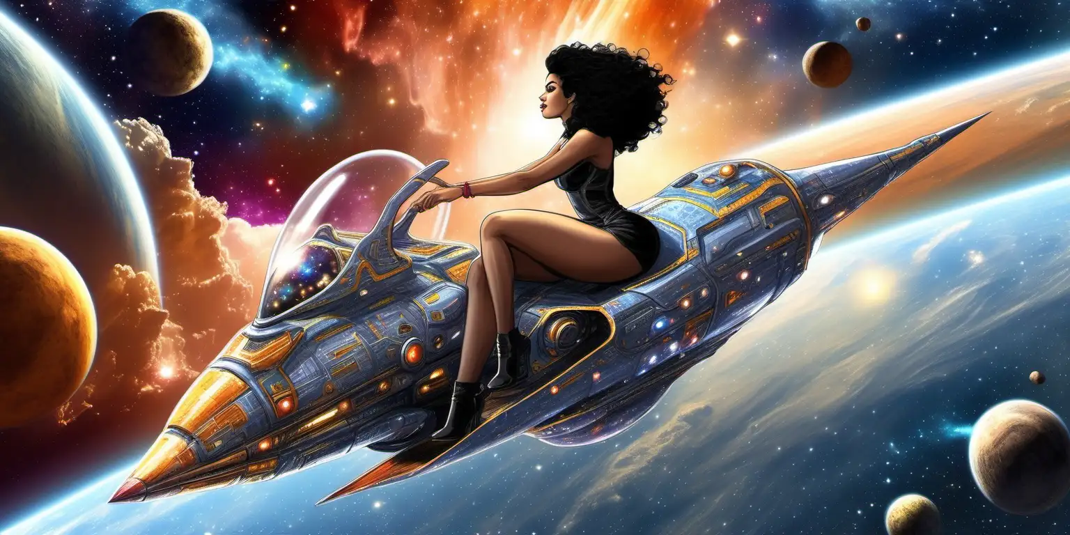 A woman riding a rockect. She’s a Spanish beauty with curly black hair, ample bosom and voluptuous hips. She's riding a modern space ship and there's a beautiful nebula and stars in the background