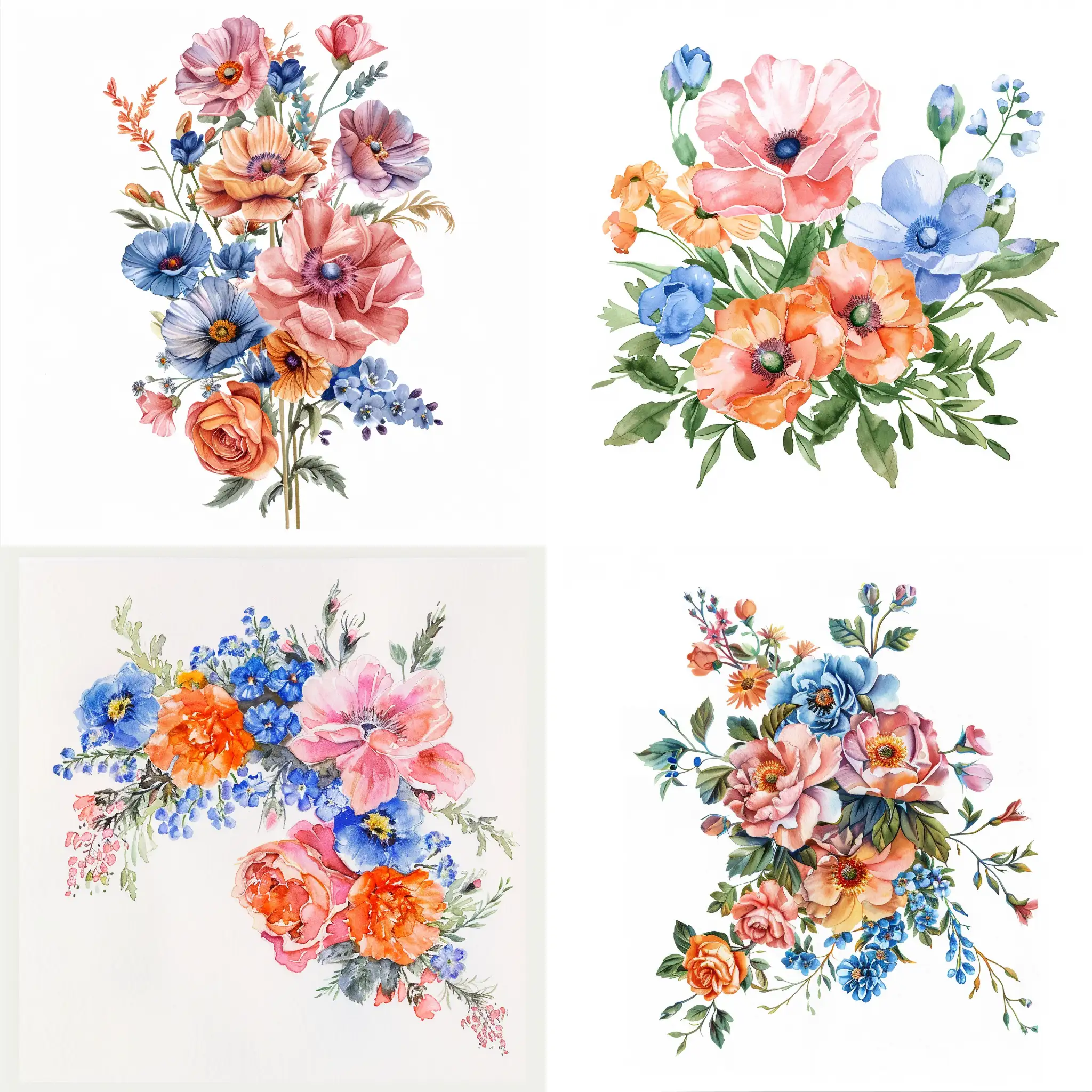 a marital bouguet of flowers, in watercolor, romantic style, on white background, no shading, pink, orange and blue flowers