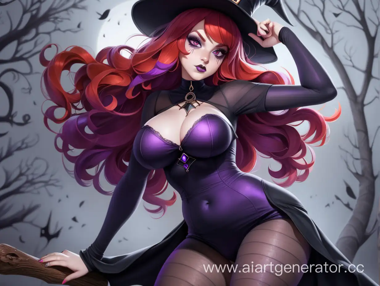 curvy witch girl in tights with purple eyes and red hair