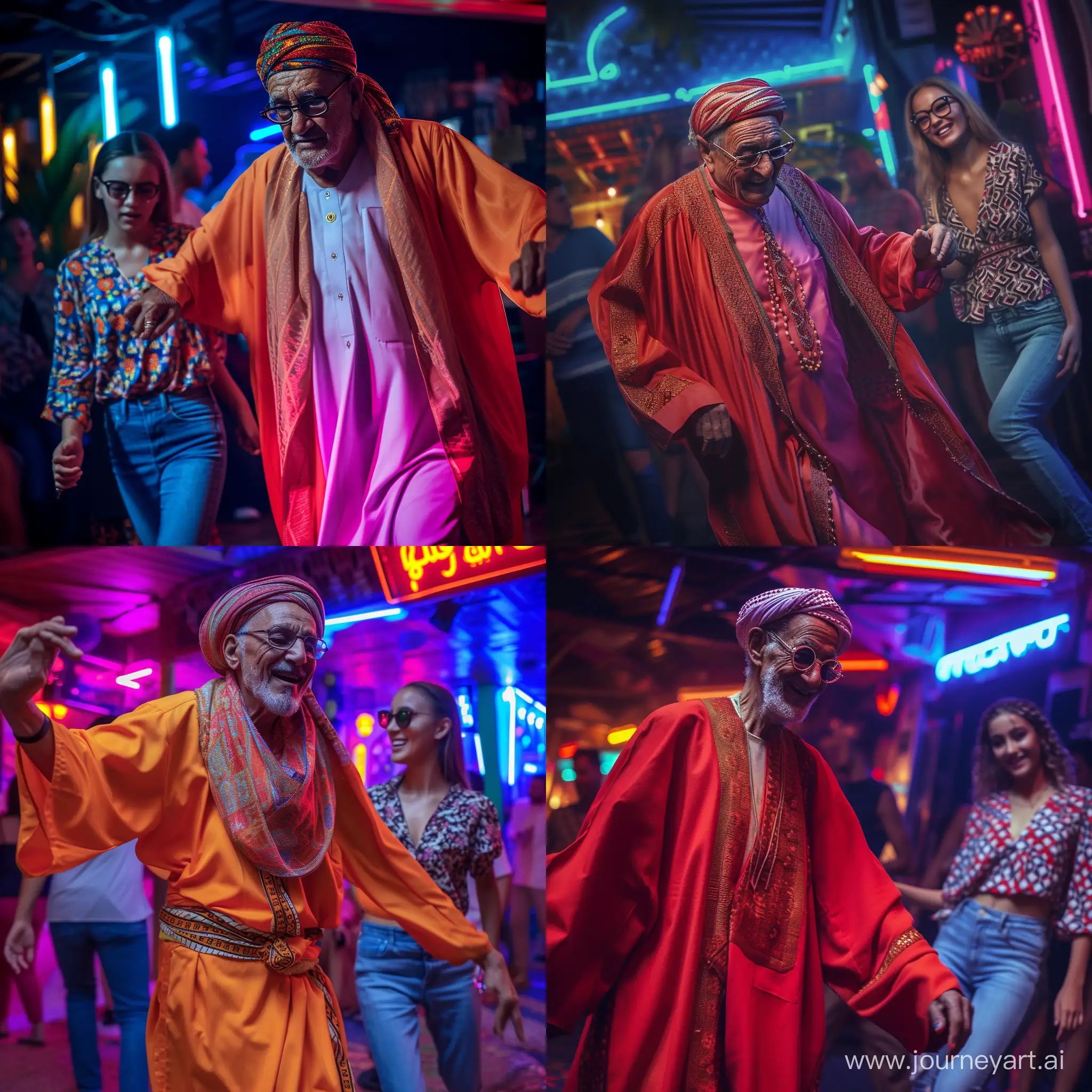 /imagine prompt: A Moroccan elder in traditional jellabah and night glasses, joyous in a vibrant nightclub atmosphere, a girl in a patterned blouse and jeans dances nearby, clearly apart. Background has club-goers and neon lights. Created Using: authentic traditional costume details, sharp foreground focus, contemporary fashion, celebratory mood, vivid nightclub environment, hd quality, natural look --ar 1:1 --v 6.0