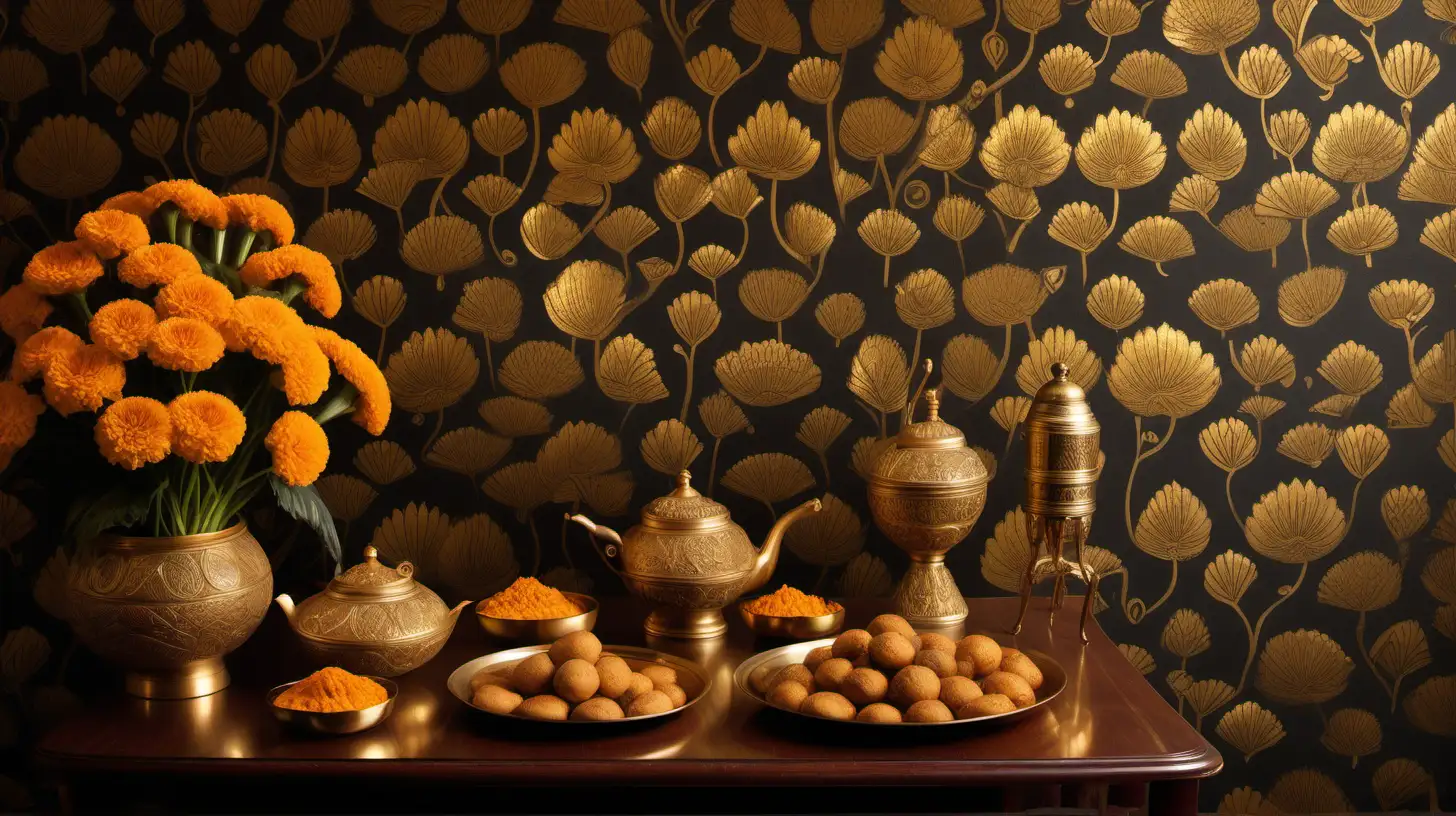 create an indian inspired wall paper in gold lotus and peacocks, with auto rickshaws as patterns on the wall, there is a table with opulent food in front of the wall, with marigold flowers, a hand bag, brass utensils and fancy cocktails.  Photographed by Annie Leibovitz, using a Canon EOS-1D X Mark III with a 70-200mm lens, the lighting is a blend of studio and ambient light, creating a warm, inviting atmosphere.