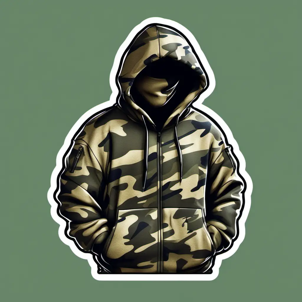 cartoon Roadman in a Camoflauge tech fleece with hood up with a invisible head as a sticker icon with a clear background