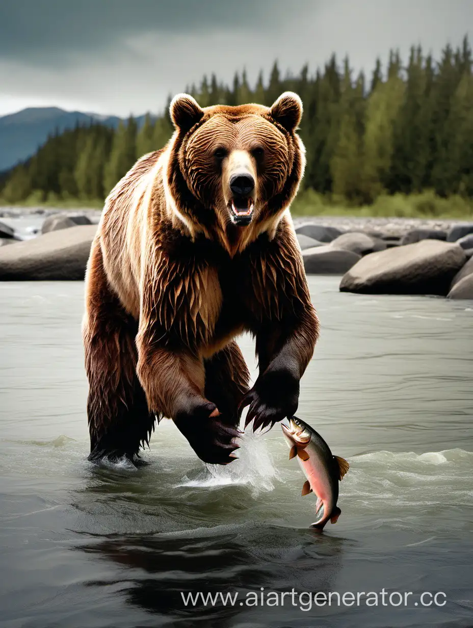 Большой бурый медведь стоит в реке и держит в передних лапах огромного лосося