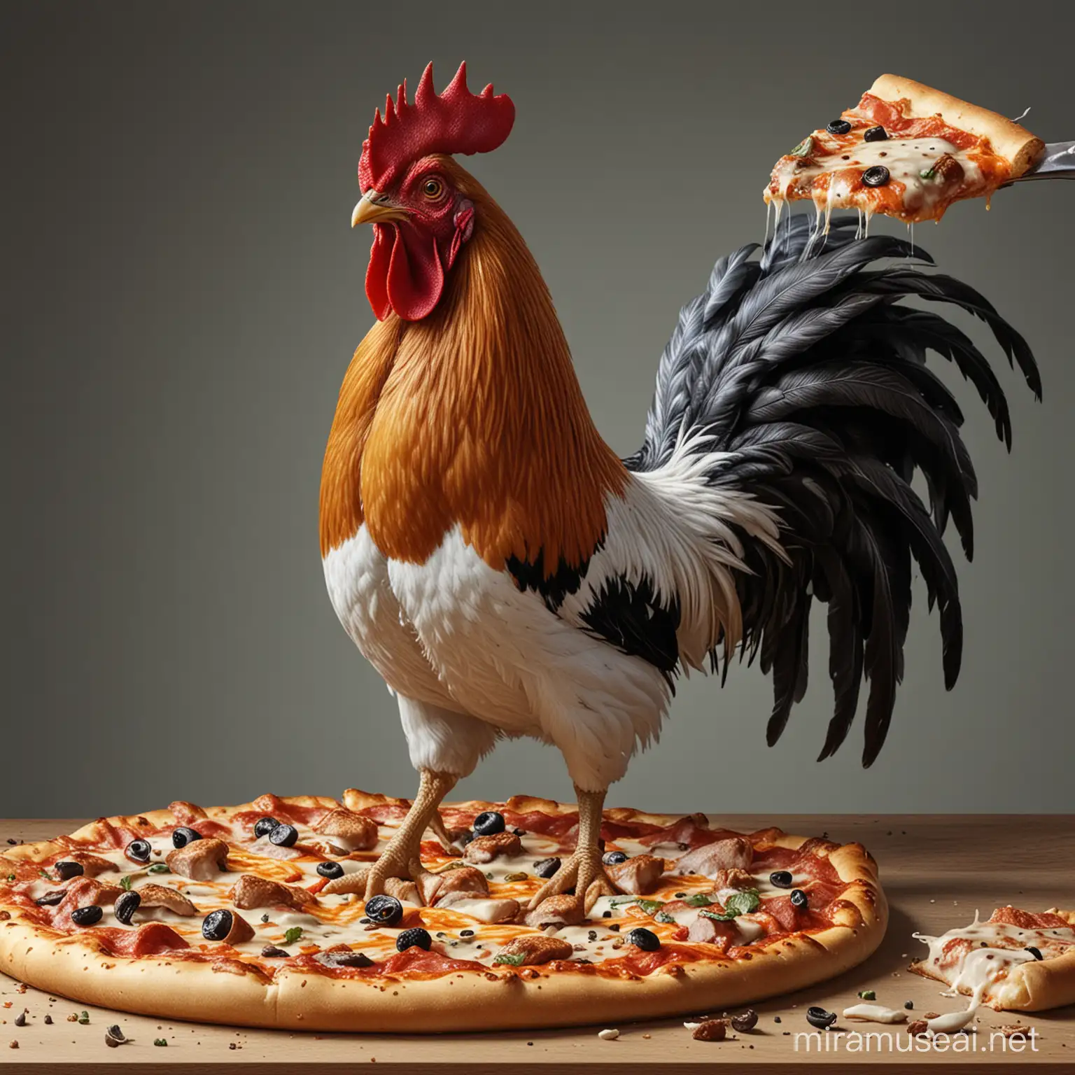 Hyperrealistic Rooster Eating Pizza