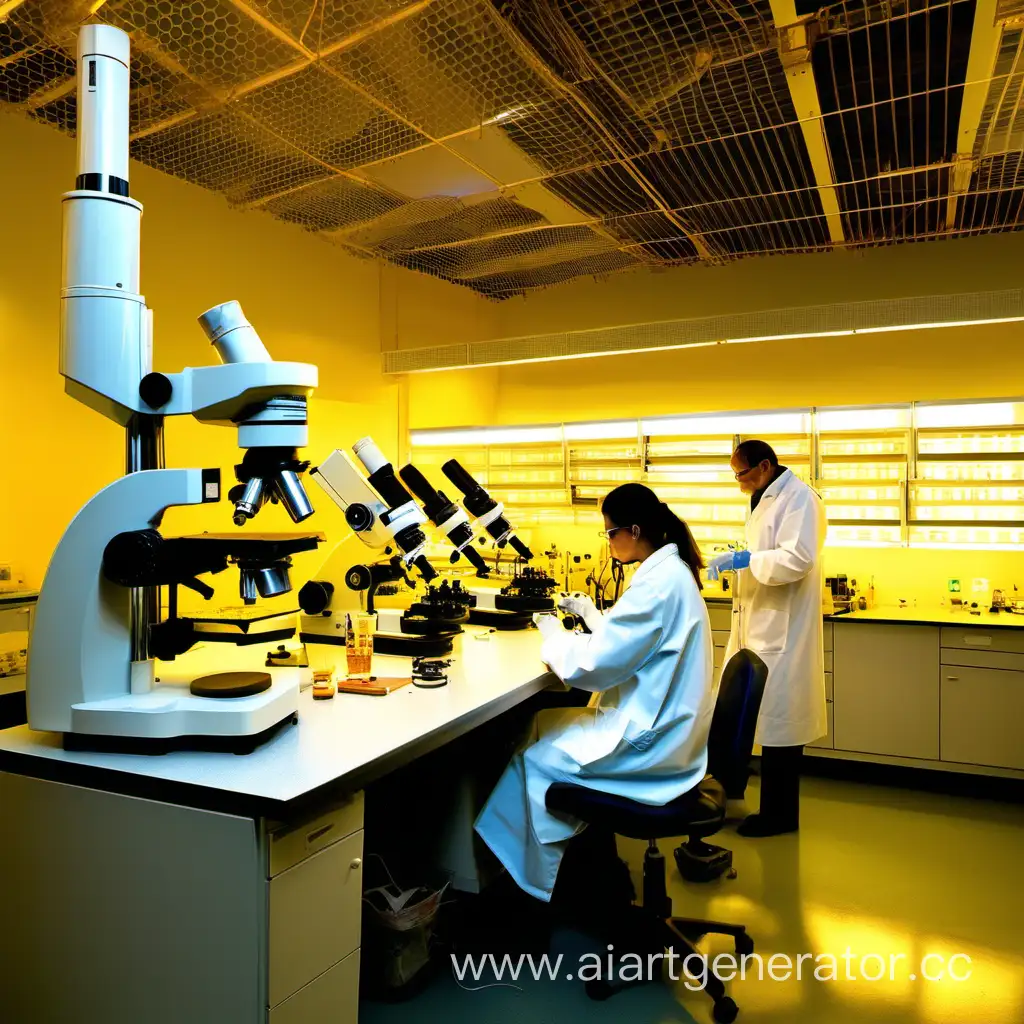 biologists working with microscope  at the great, orange and yellow lighting laboratory 