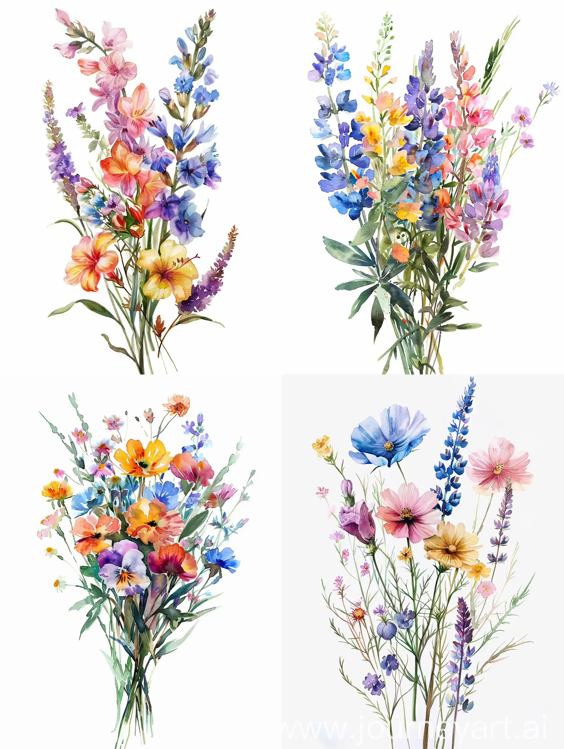 wildflower bundle isolated, watercolor, on completely white background, pastel colors