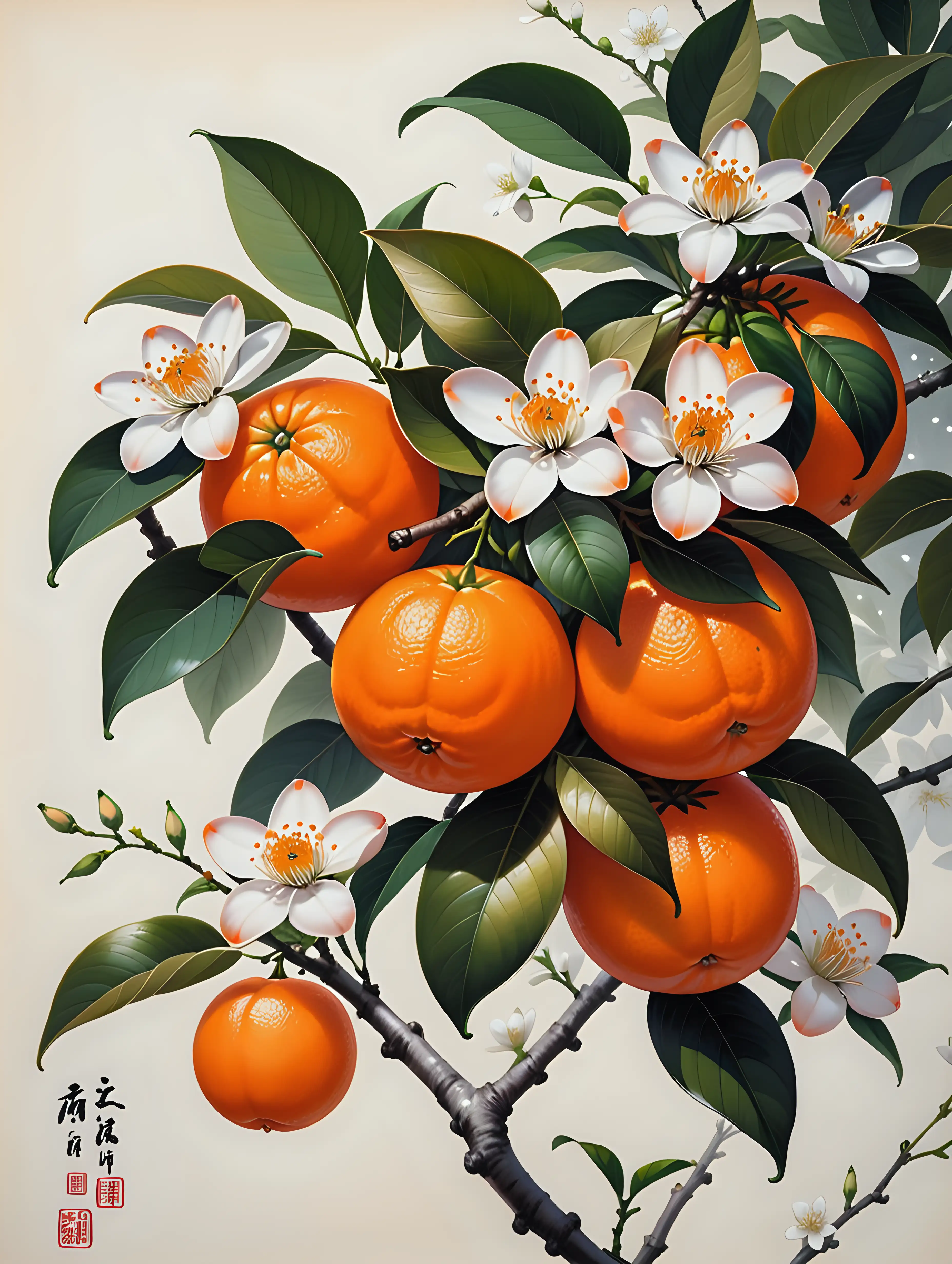 Japanese style painting of plump tangerines and orange blossom flowers on a branch