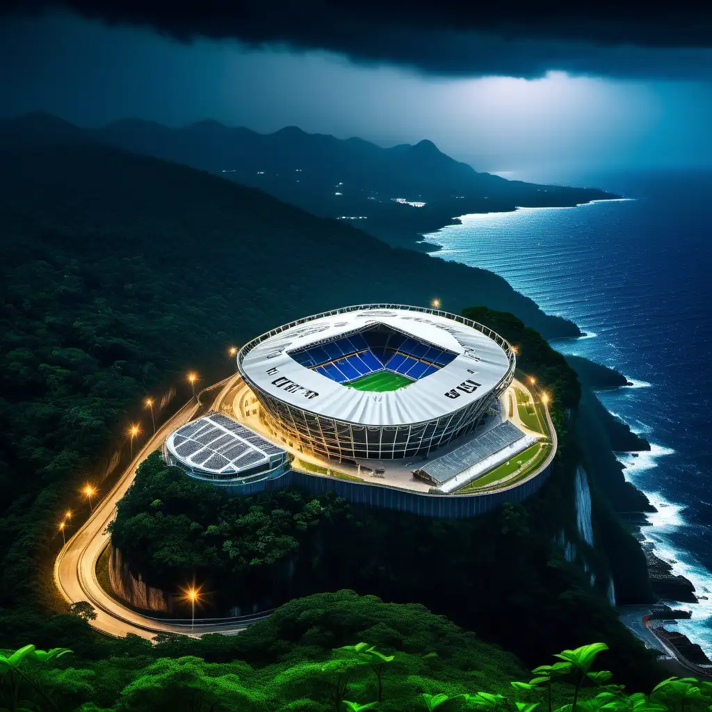 Huge modern  soccer stadium perched on the edge of a cliff top overlooking the sea and surrounded by rainforest. Floodlights on. Lightening striking the distance. Long winding road