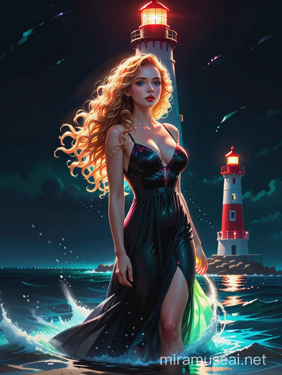 Pixel art,Aivision,a woman with very prety eyes, red full lips,, beautiful face, long blond curly hair in a neon black long dress  standing into the water, she slowly fades away into windy dust, you see a lighthouse in the background, the water is very sparkly, neon colors, lighting, dark night