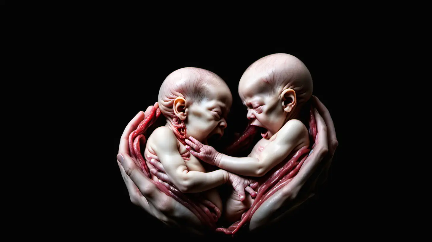 two fetuses one strangling the other inside a womb. black background
--s 10