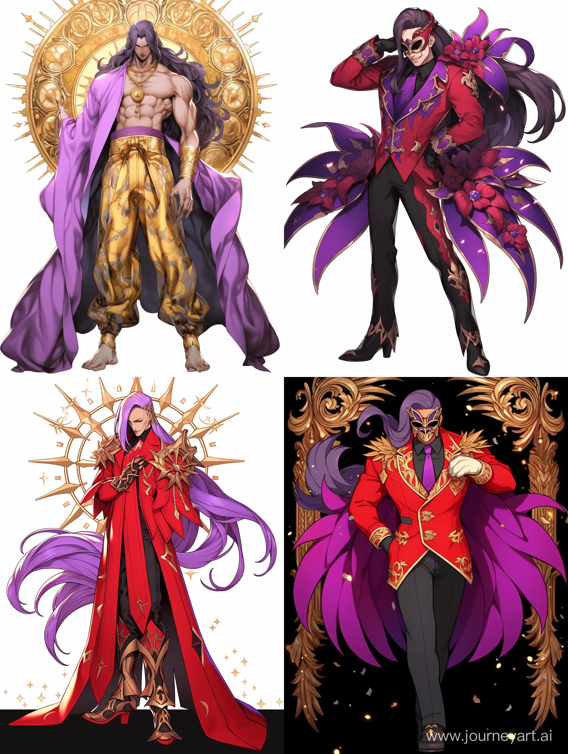  anime guy, full body, extravagany pose, gold arms, standing, red sci fi coat, blindfold, long purple hair, tall, beautiful face,  --niji