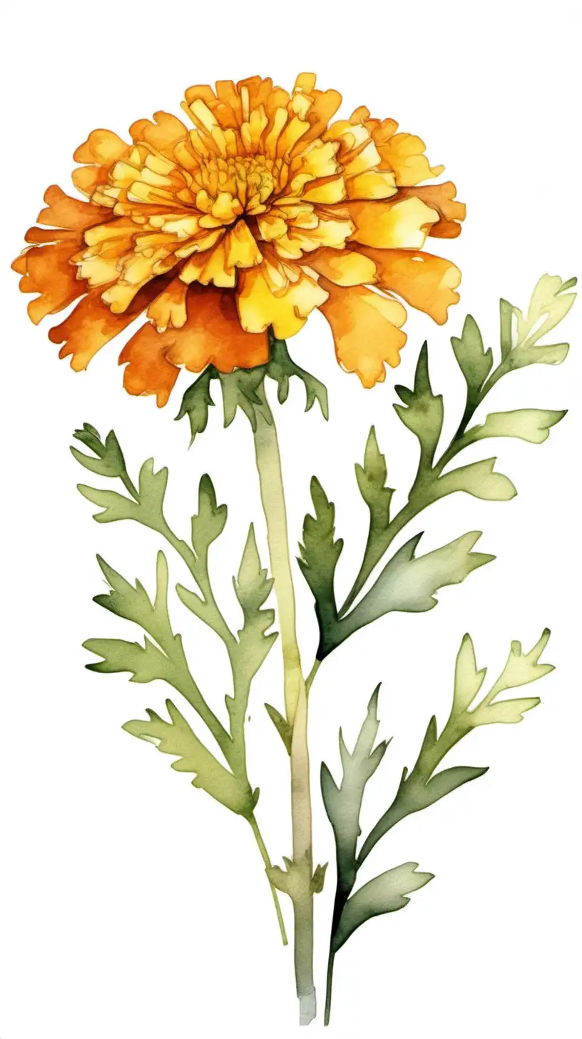 Elegant Watercolor Clipart of a Blooming Marigold on a Long Stem against a White Background