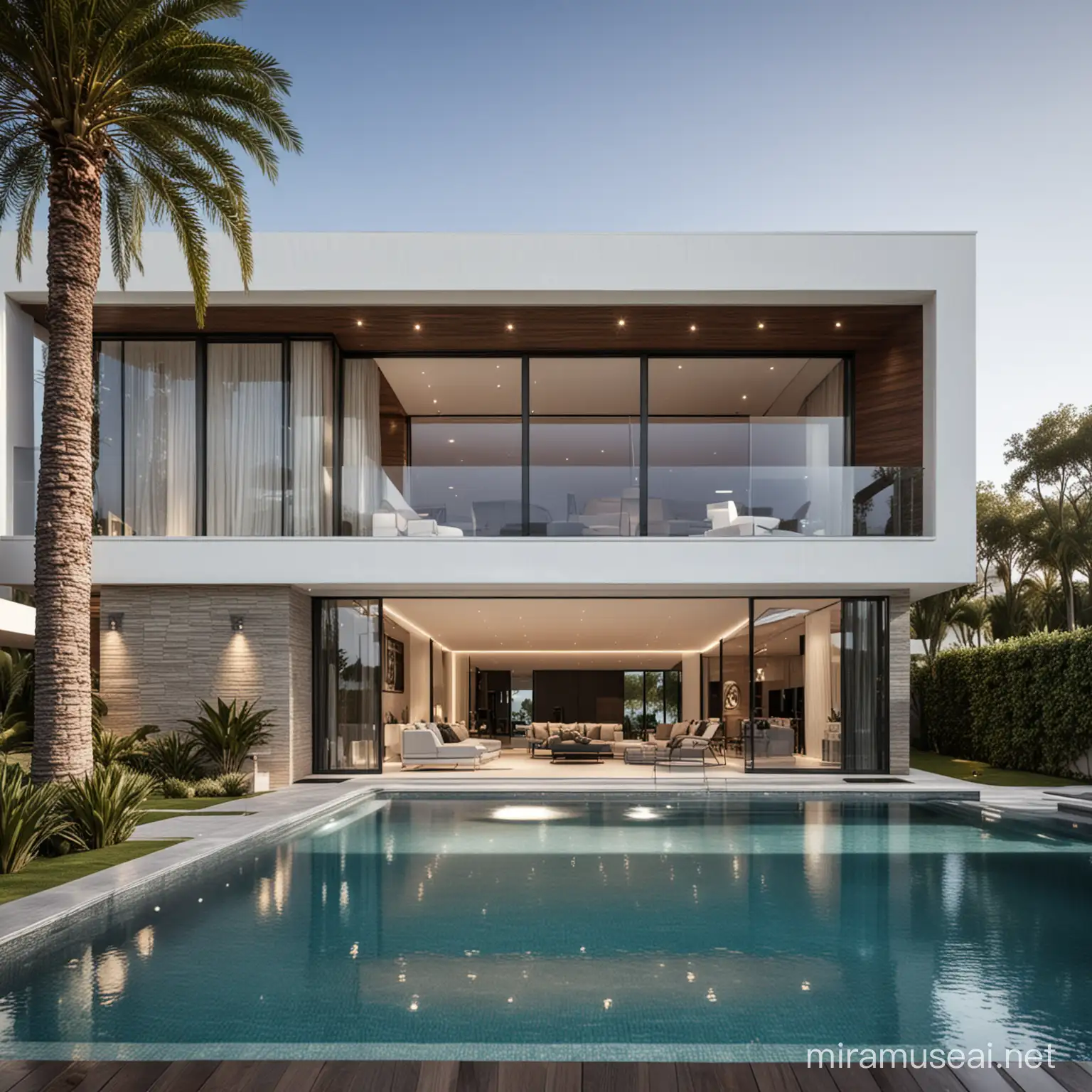 modern house façade, mansion, luxurious, 1 floor, pool, 

