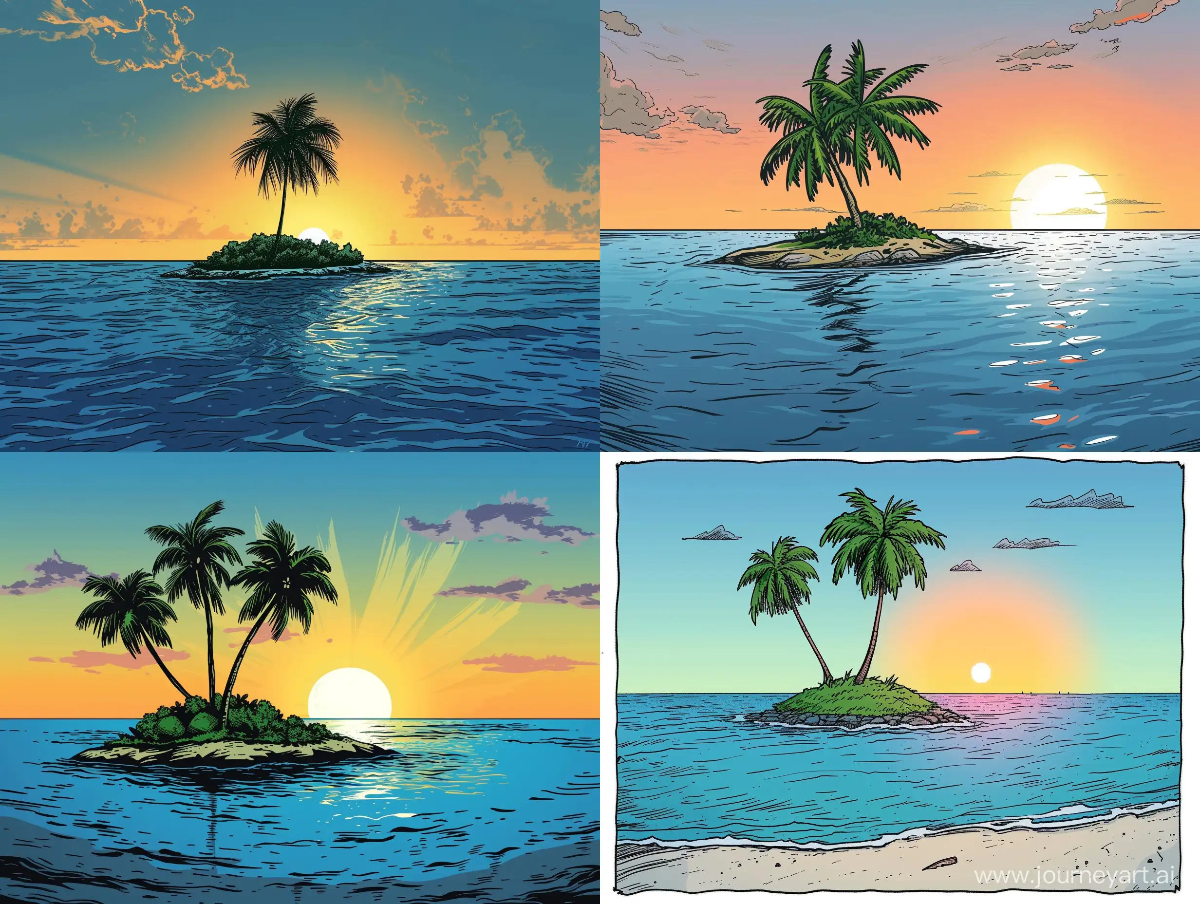 small island, blue ocean, coconut palm, sunrise, Comic Book Style