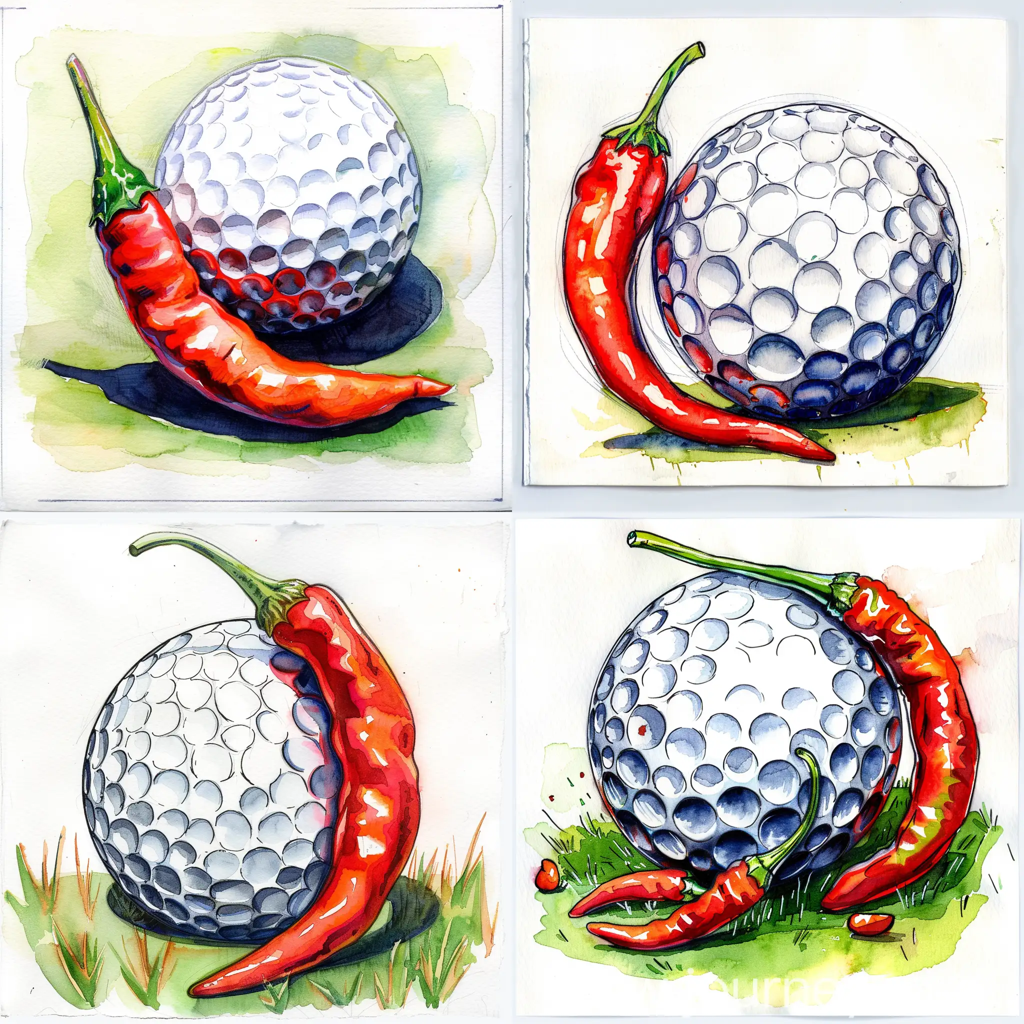 golf ball with chilli pepper watercolor sketch