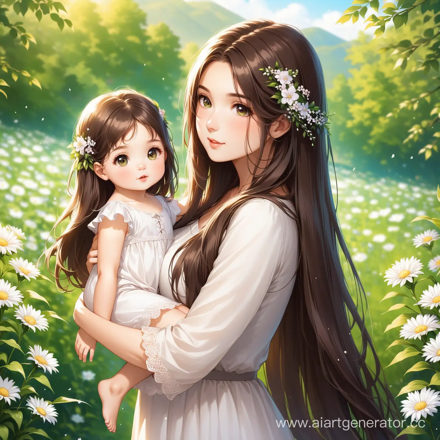 beautiful girl with flowers in her long hair holding a small child in nature