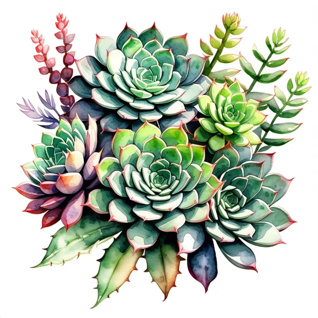 Watercolor style bouquet of succulent plants