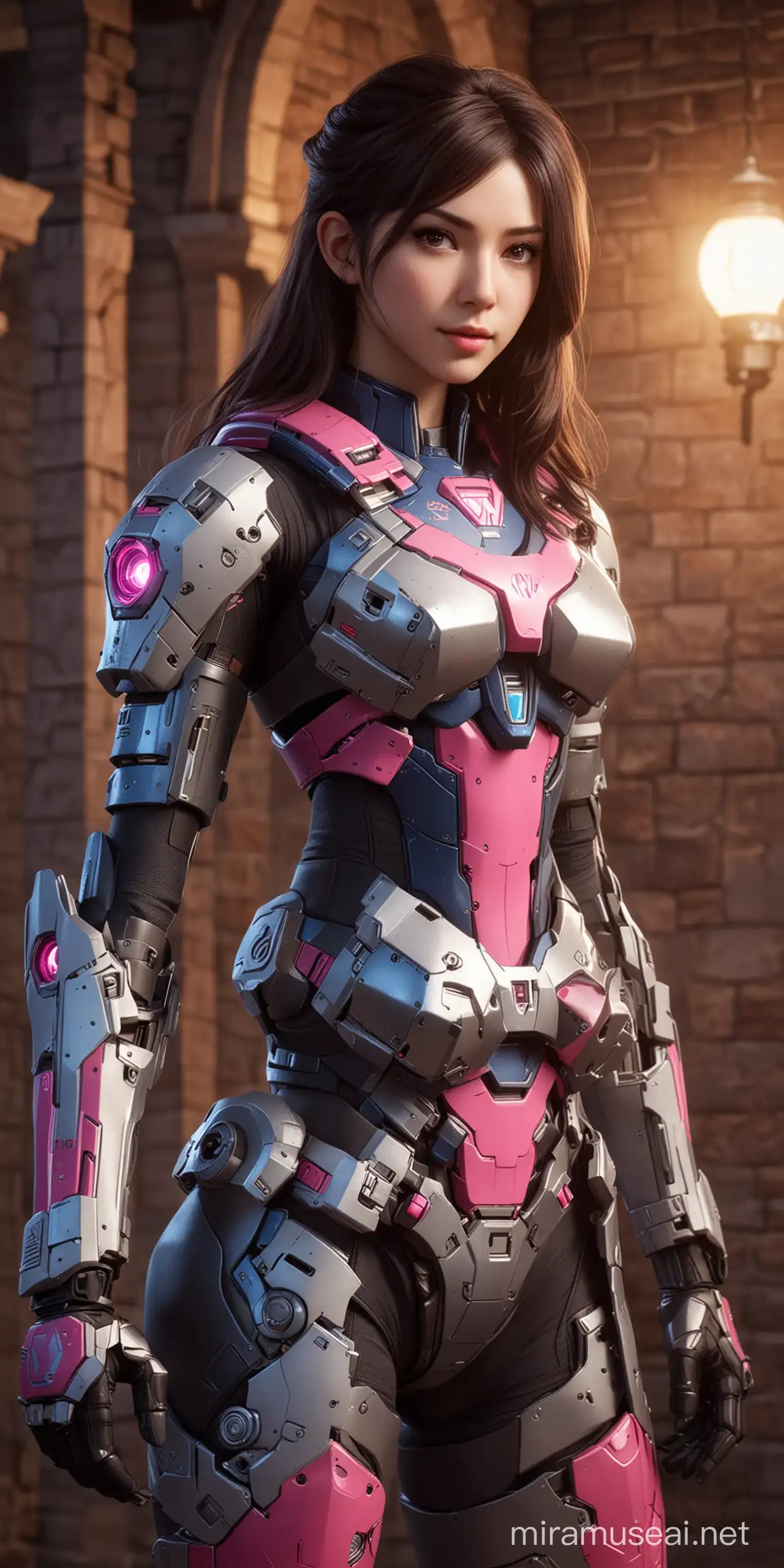 Gadis idol realistis yang sangat cantik, d.va element infiltrator, background castle, pencahayaan lampu studio, foto studio yang sangat realistik, focused fullbody