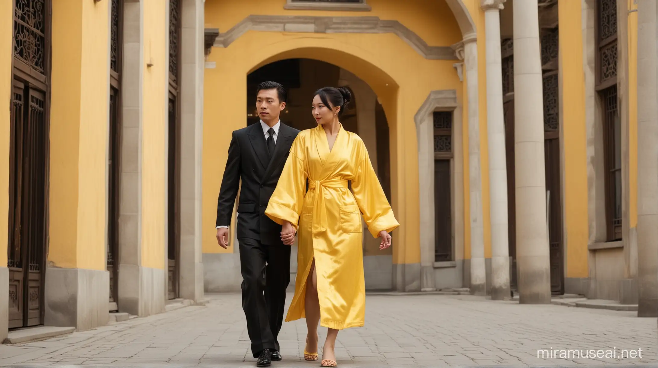 Mafia man in mafia suit is going to opera with chinese woman wearing yellow bathrobe