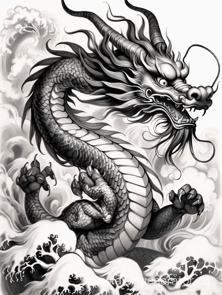 Эскиз татуировки китайского дракона в графике. Дракон не должен взаимодействовать с окружением. У дракона должен быть виден профиль морды , все 4 лапы и хвост. Его должны окружать облака в стиле древней японской живописи 