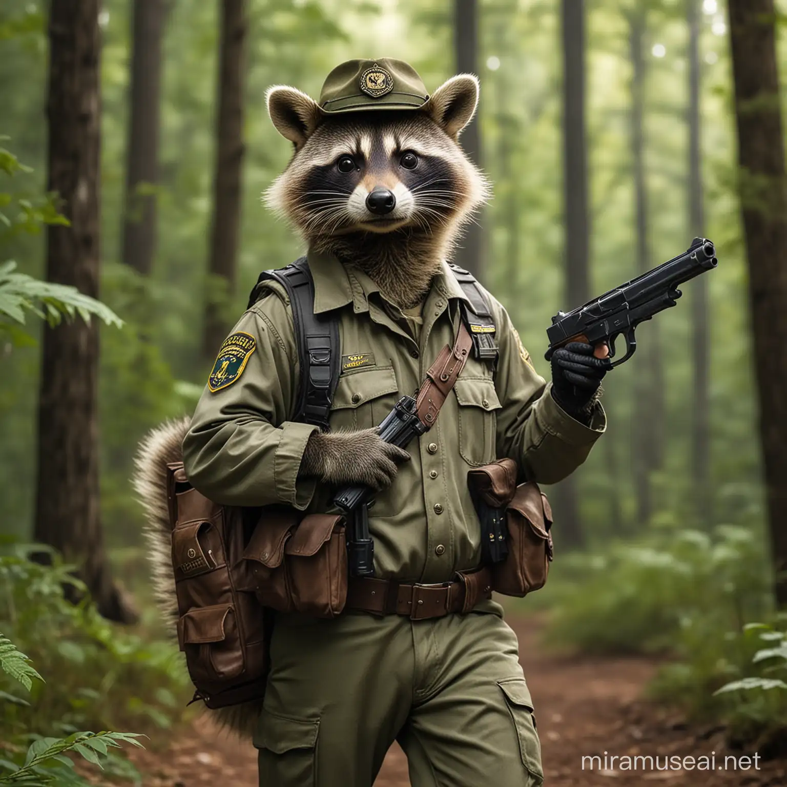 Cute Raccoon Park Ranger in Forest Adventure Outfit with Toy Gun