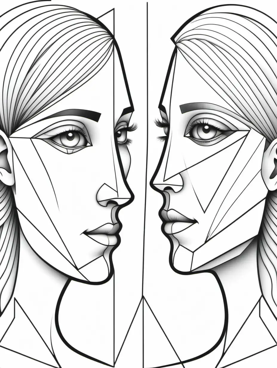 Create a colouring page of faces, male and female , mirror effect,use geometric figures,black and white, in the style abstract minimalism, white background geometric,simple colouring page