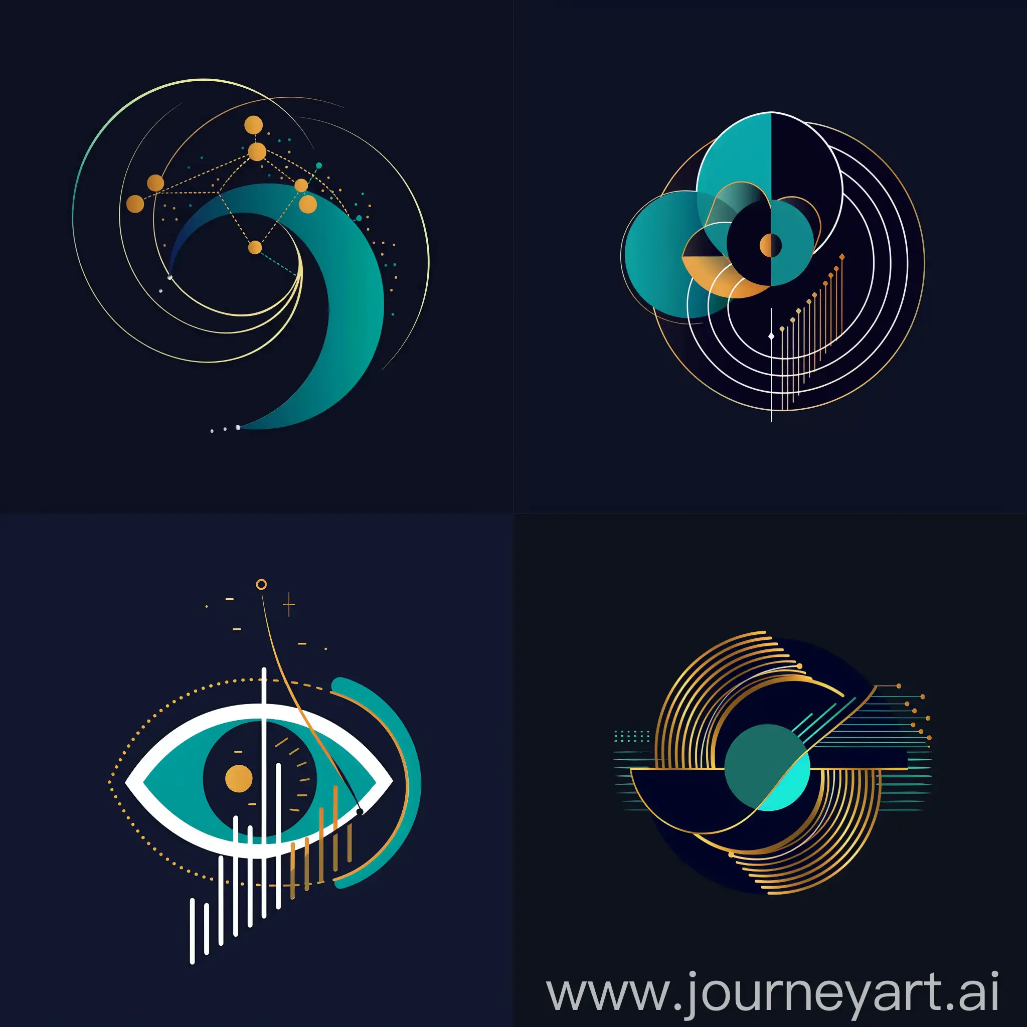 Stylized iris logo intertwines with an ascending line graph for digital marketing agency emblem, modern minimalist aesthetic, incorporating clean, sharp lines, monochromatic scheme with navy blue, turquoise, gold accents, vector format, sleek, digital render.