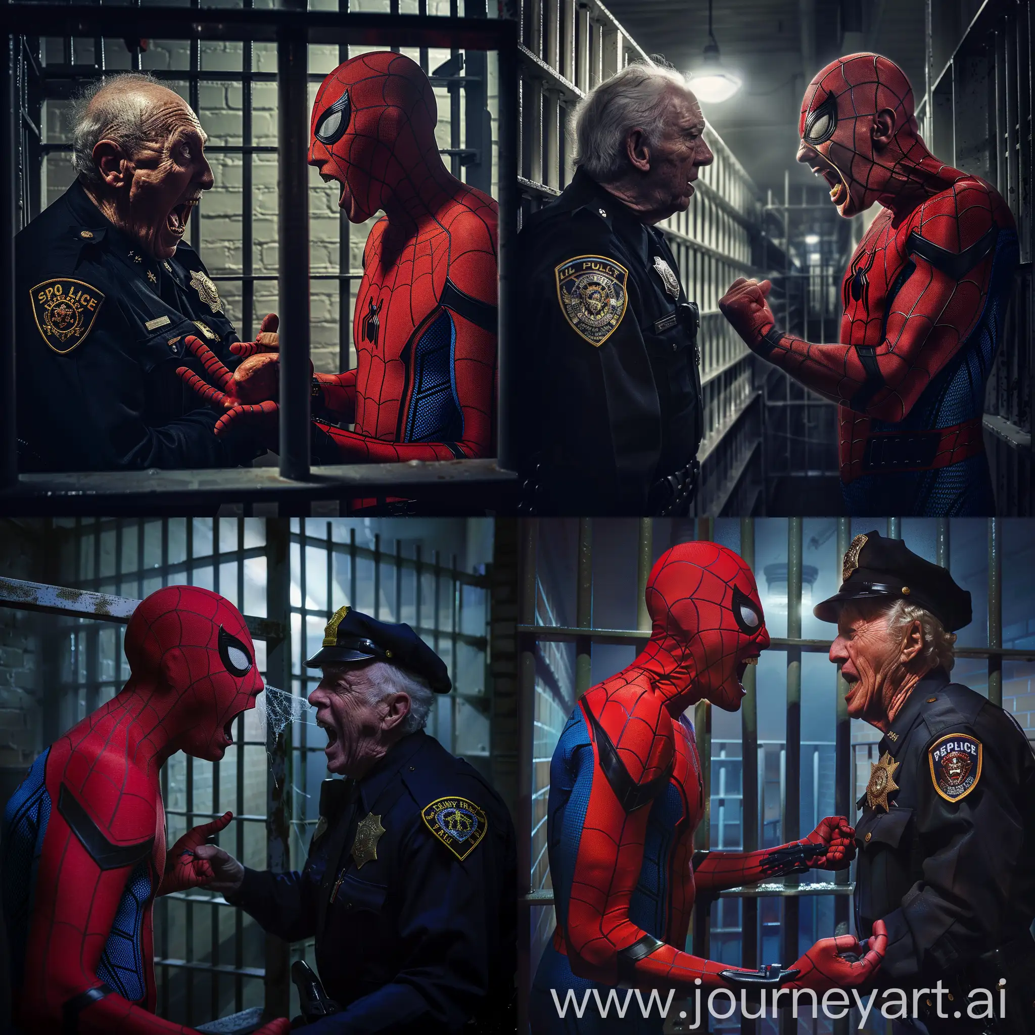 spiderman being yelled at by an angry elderly policeman inside a jail cell at night
