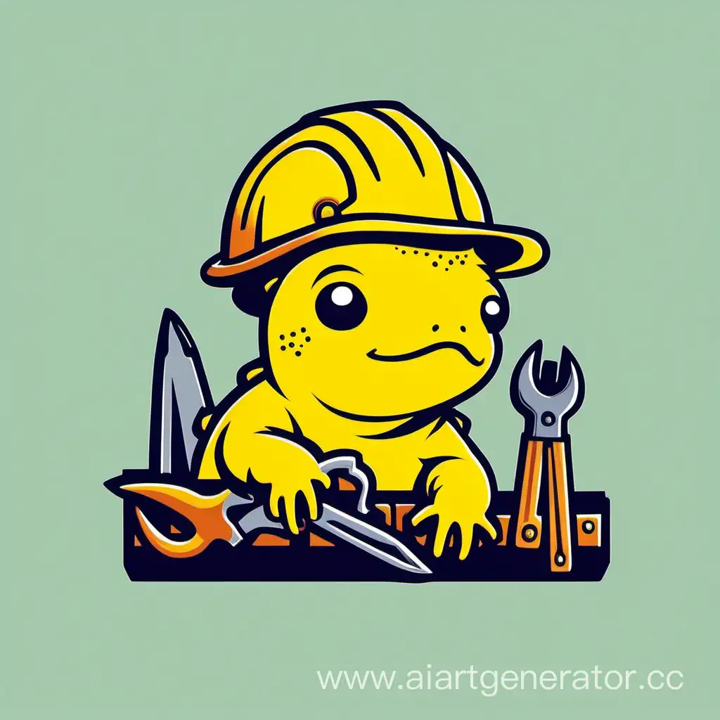  жёлтый аксолотль с строительным шлемом и инструментами сидит на крыше домика. минимализм логотип. никаких углов