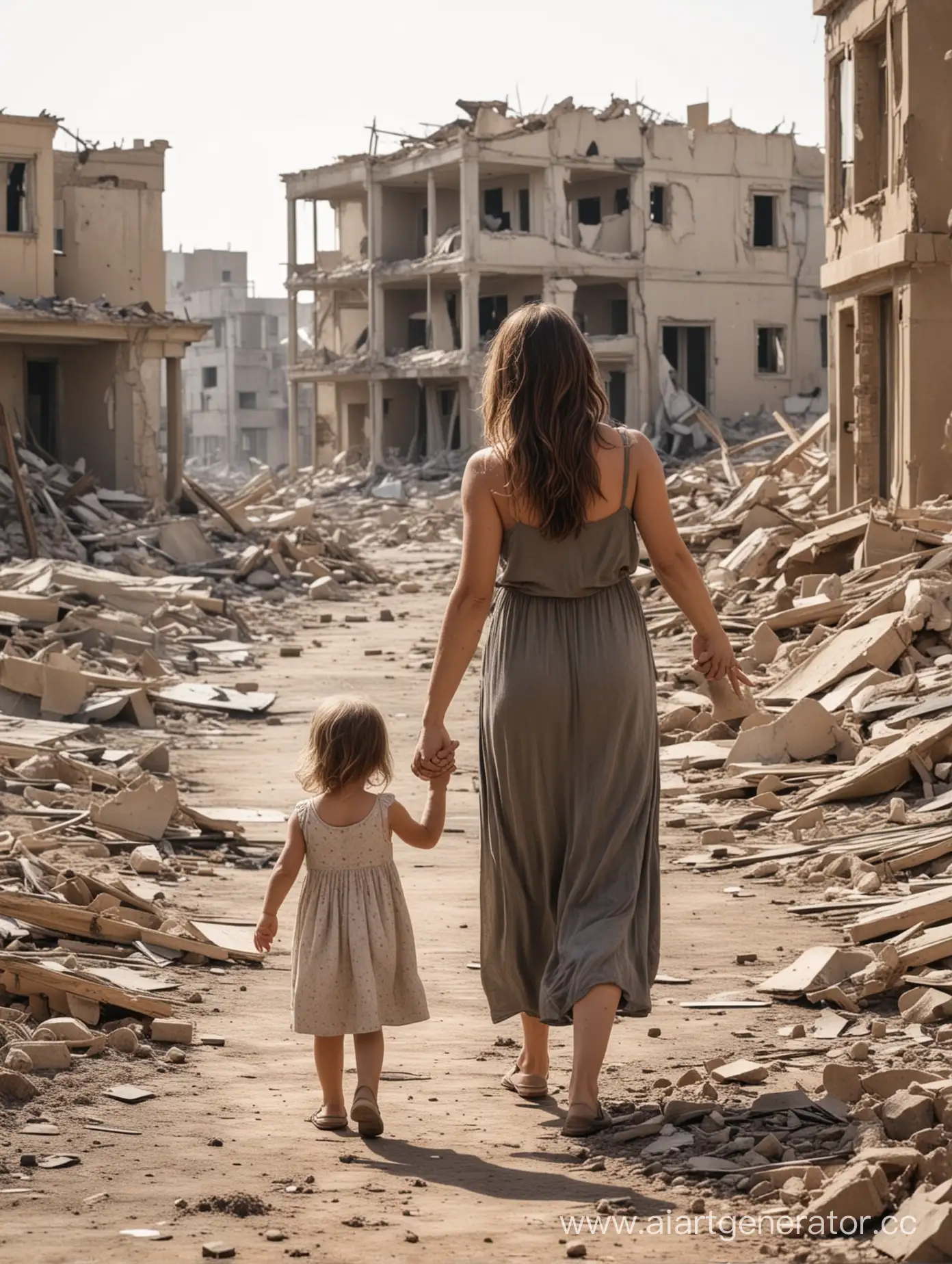 Mother-and-Daughter-in-Ruins-of-City-Home