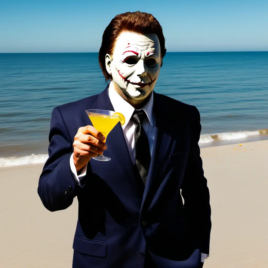 Michael Myers with Smiley Mask on Beach in suit Drinking Martini