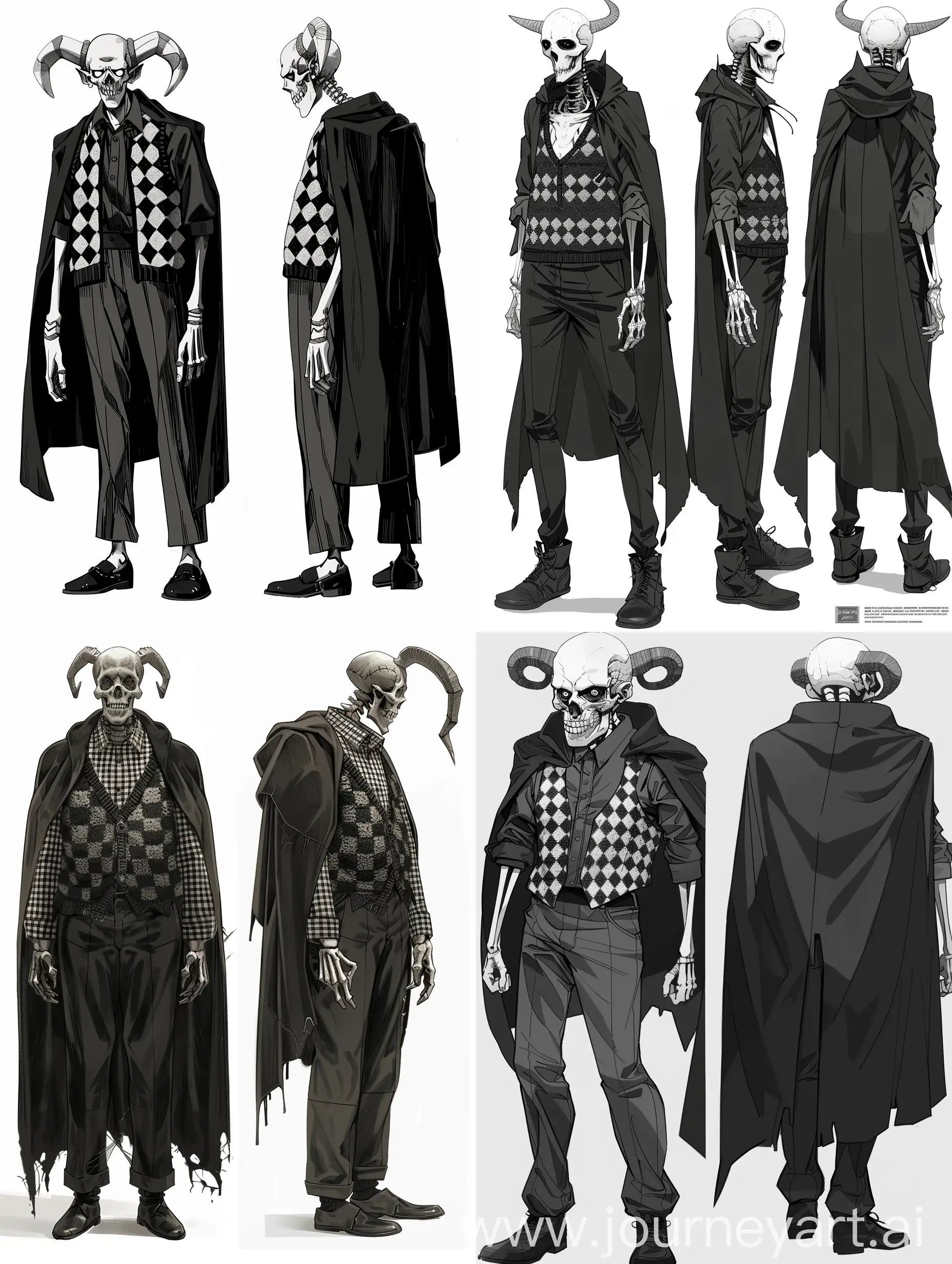 guy, tall, anime, broad shoulders, face with a skull, rounded horns, dark cloak, shirt with a knitted vest in a checkered pattern, trousers, shoes, full growth, multiple views